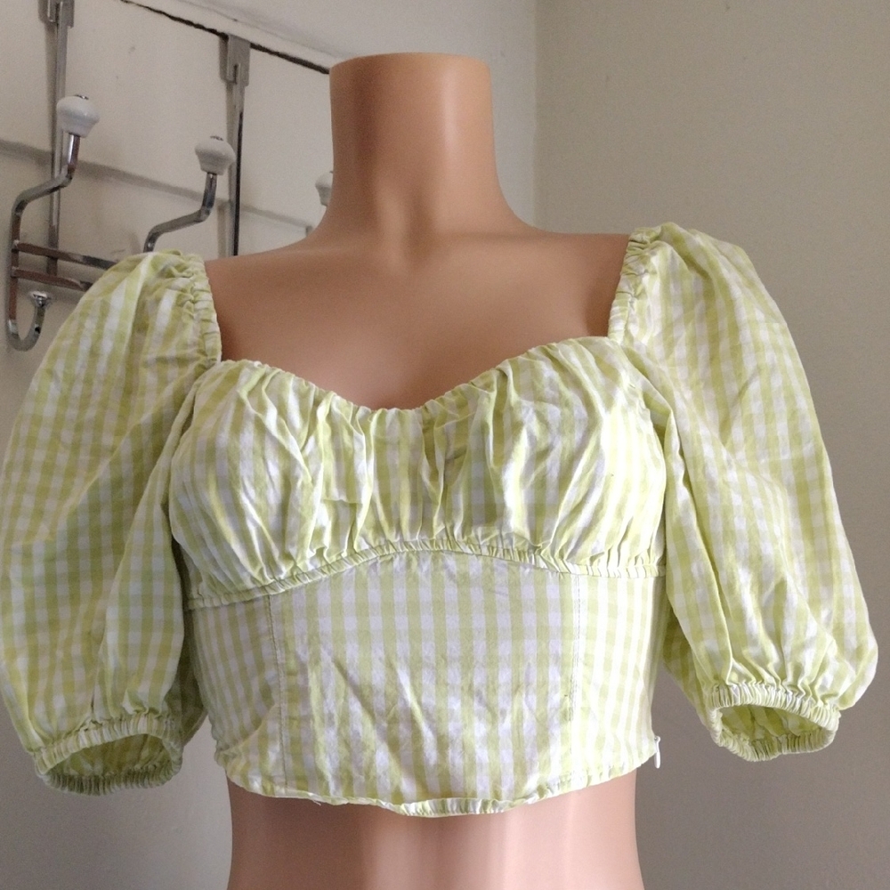 H&M Light Green Checkered Puff Sleeve Blouse 38